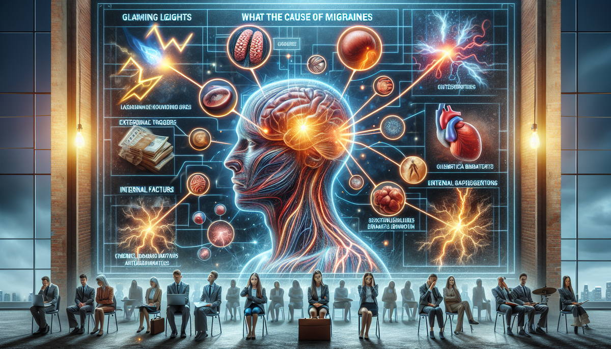 Image représentant les causes communes de la migraine avec des illustrations de maux de tête, stress, fatigue, et facteurs environnementaux.